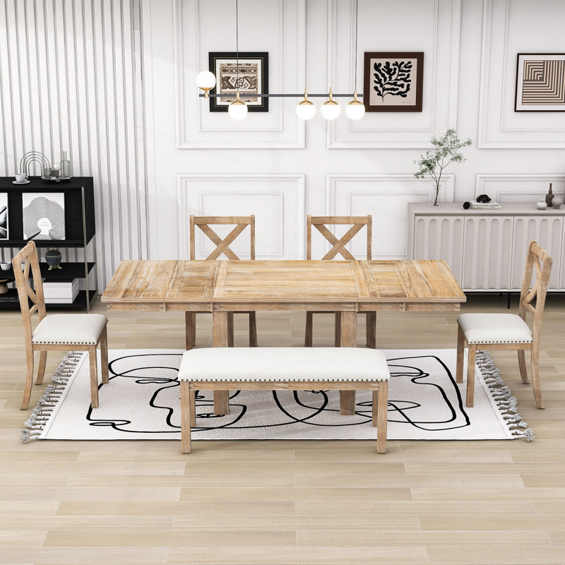 Stanely 6-Piece Extendable Dining Table with Footrest, 4 Linen Upholstered Dining Chairs and Bench, Natural