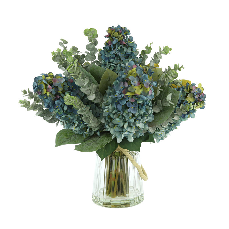 Blue Hydrangea and Lilac Faux Floral Arrangement in Glass Vase
