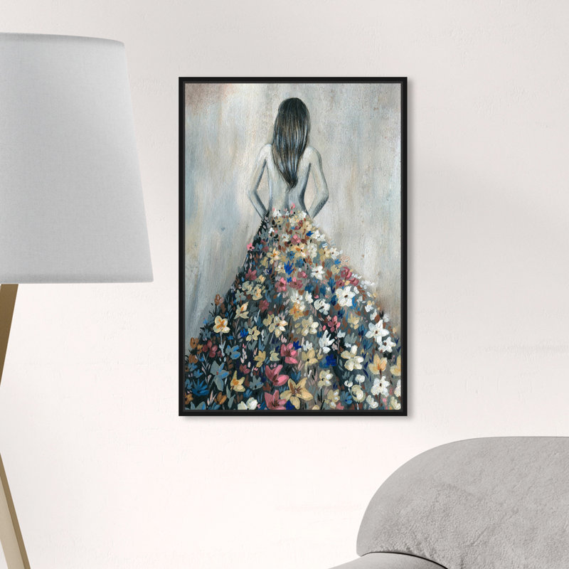Girl With Flower Thoughts - Print on Canvas, Framed Print, 24" H x 16" W, Black