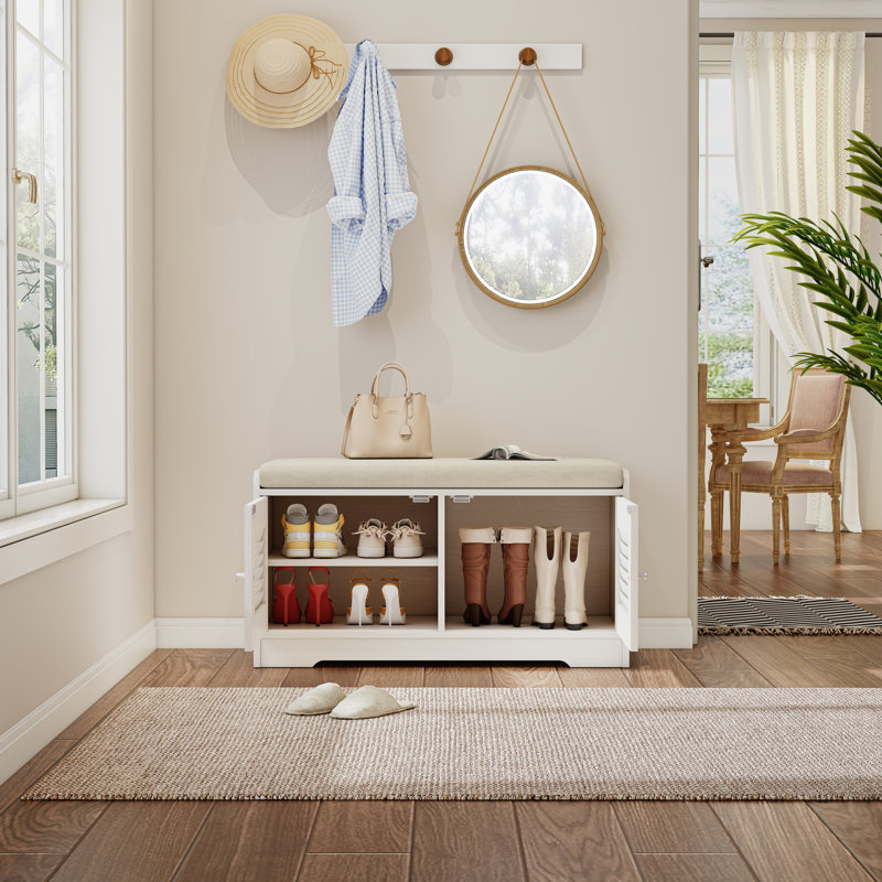 28.74"Shoe Storage Bench with 2 Door Cabinet, Entryway Bench with  White Shoe Storage, Shoe Bench with Cushion