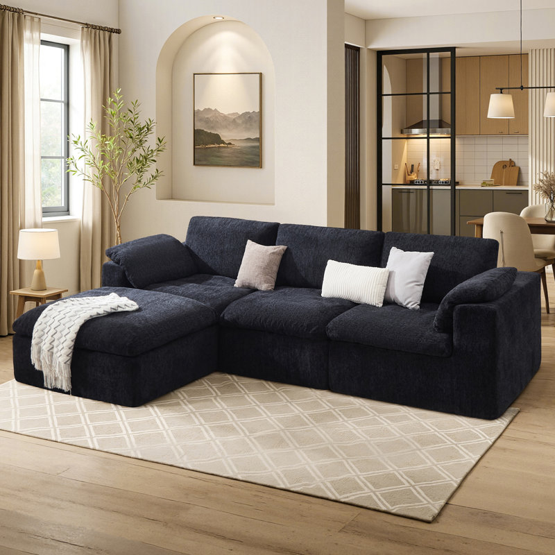 130" Cloud Modular Compression Sectional Sofa with 83.5" Extra Deep Chaise, Oversized No-Assembly Sectional Couch in Black Chenille