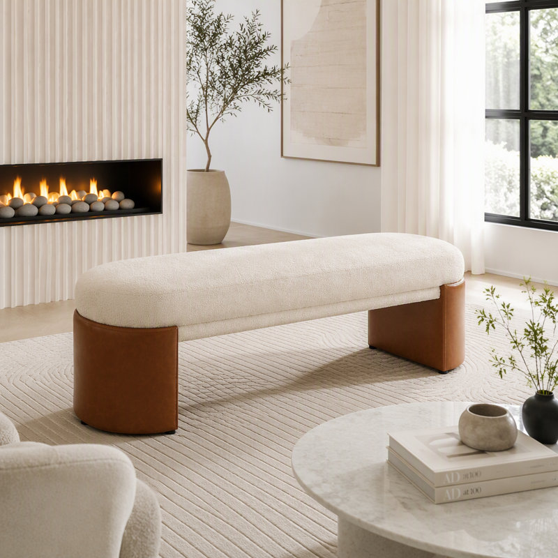 Banc de salle à manger rembourré, structure en caoutchouc et contreplaqué, Beige-Boucle - L 62,83 po