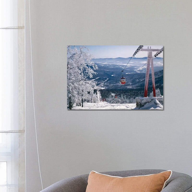 1970s Scenic From Top Of Mountain Ski Slope Looking Down Into Valley Ski Lift Red Cars Snow Vista by Vintage Images - Wrapped Canvas Print