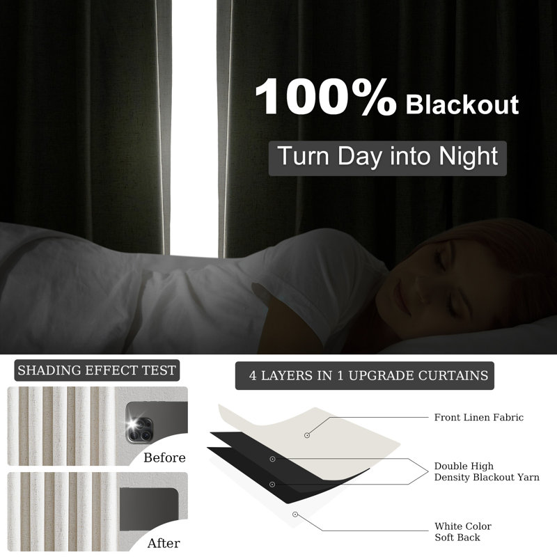 100%Full Blackout Linen Curtains,Pinch Pleated Curtains,Lined Drapes Set of 2(With Hooks and Rings), 40" W x 90" L, Natural