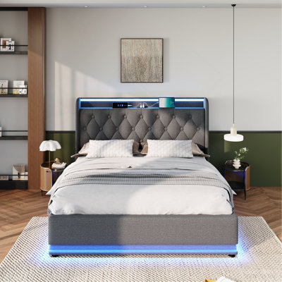 Lit rembourré, fonction DEL à 360 degrés, boutons / applications / télécommande, lit de rangement hydraulique avec chargement USB Type-C, gris, lin (sans matelas)