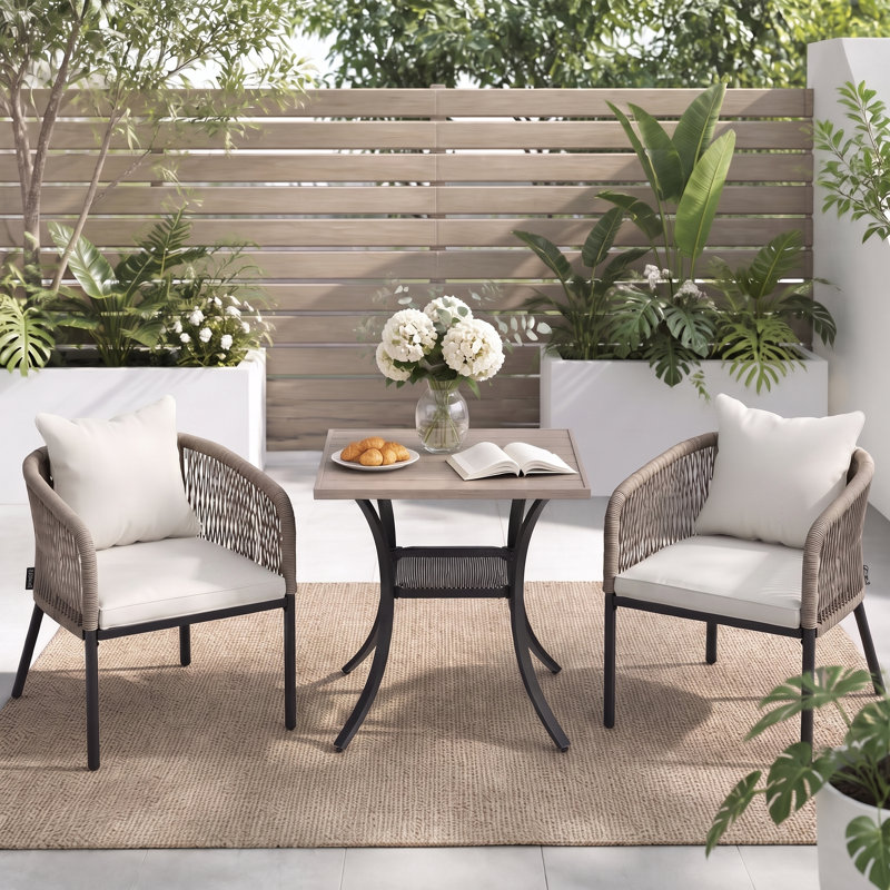 Ensemble repas d'extérieur carré pour 2 personnes avec fauteuils et coussins en rotin PE, Grey Woodlike/Grey/White