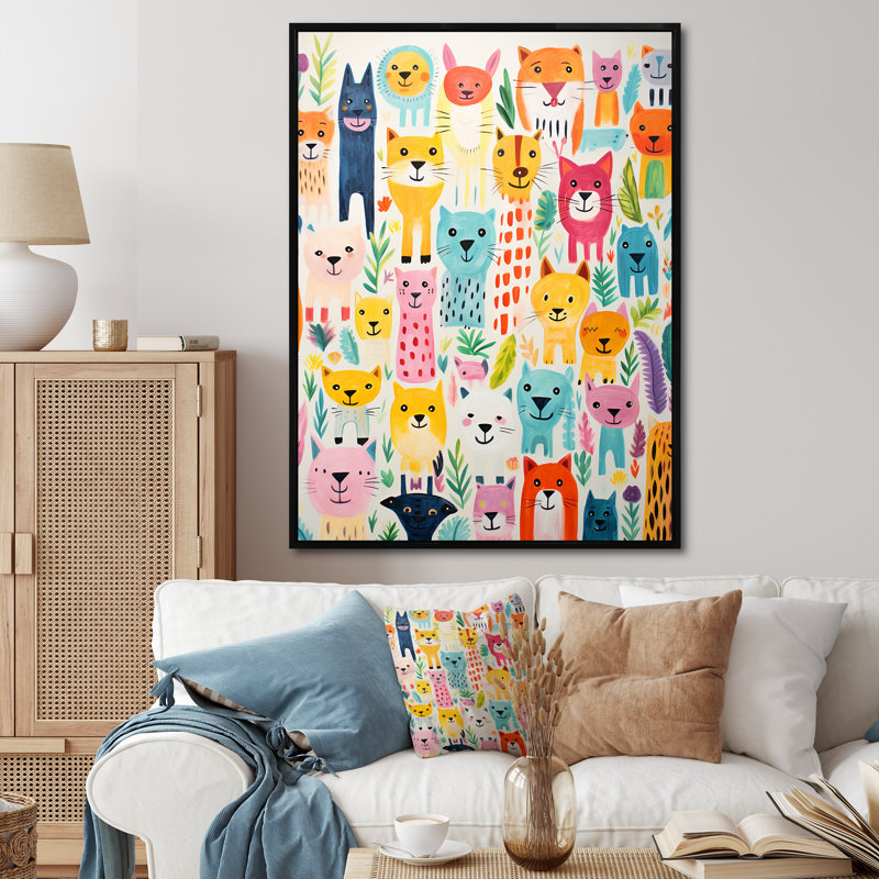 Pépinière, motif animalier coloré I - Art mural de chambre de bébé, Cadre flottant noir, H 40 po x l 30 po x P 1,5 po