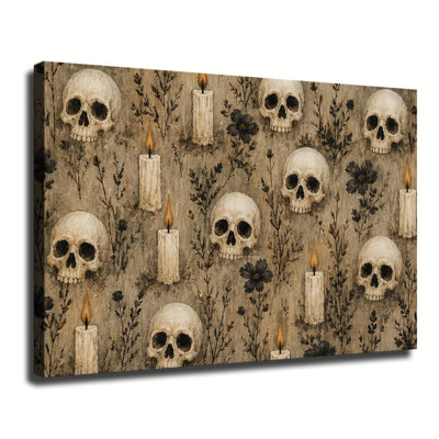 Crânes humains avec chandelles allumées et fleurs sauvages sombres - Toile murale gothique vintage pour l'Halloween