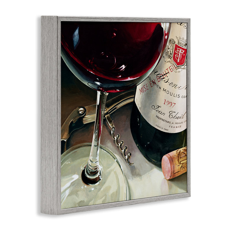 Vin rouge et tire-bouchon, estampe numérique, design par Stefano Ferreri, H 17 po x l 17 po, Estampe numérique Farmhouse