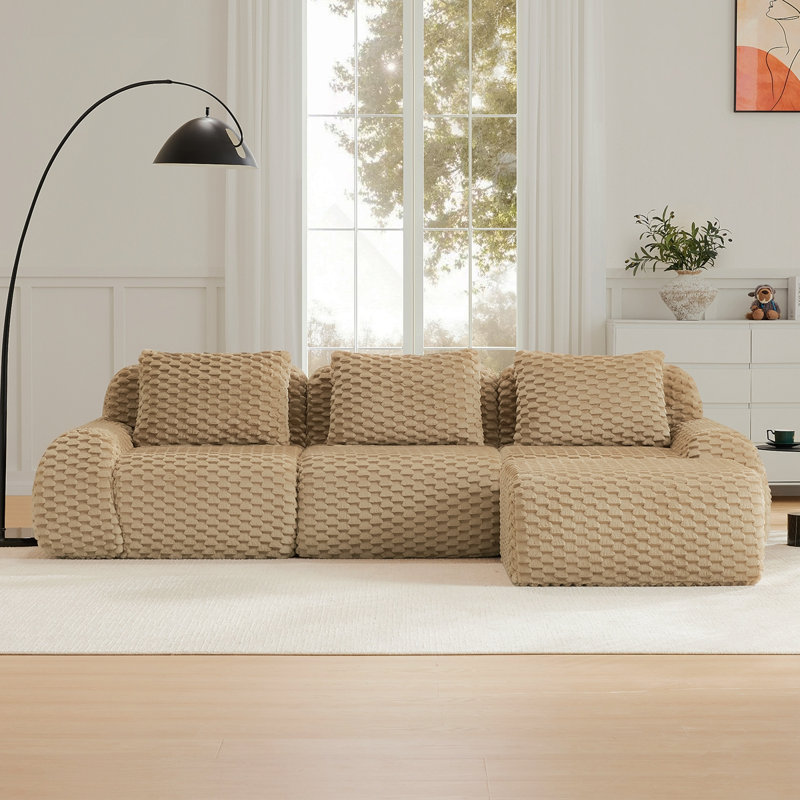 114" Modern L-Shaped Modular Sectional Sofa For Living Room,Flannelette Fabric,Oversized 3-Seater Couch,Boneless Sofa ,Movable Ottoman,Buckle Connection,Anti-Slip Design,No Assembly,Light Camel