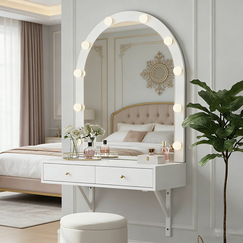 Modern Floating Makeup Vanity With Lighted Arched Mirror, Built-In Outlets & Storage Drawers, White
