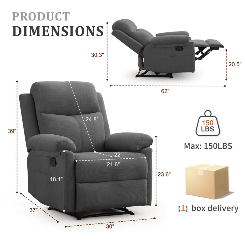 Manual Recliner Chair ,Small Recliners For Small Space, Soft Fabric Upholstered Recliner With Side Pocket, Gray