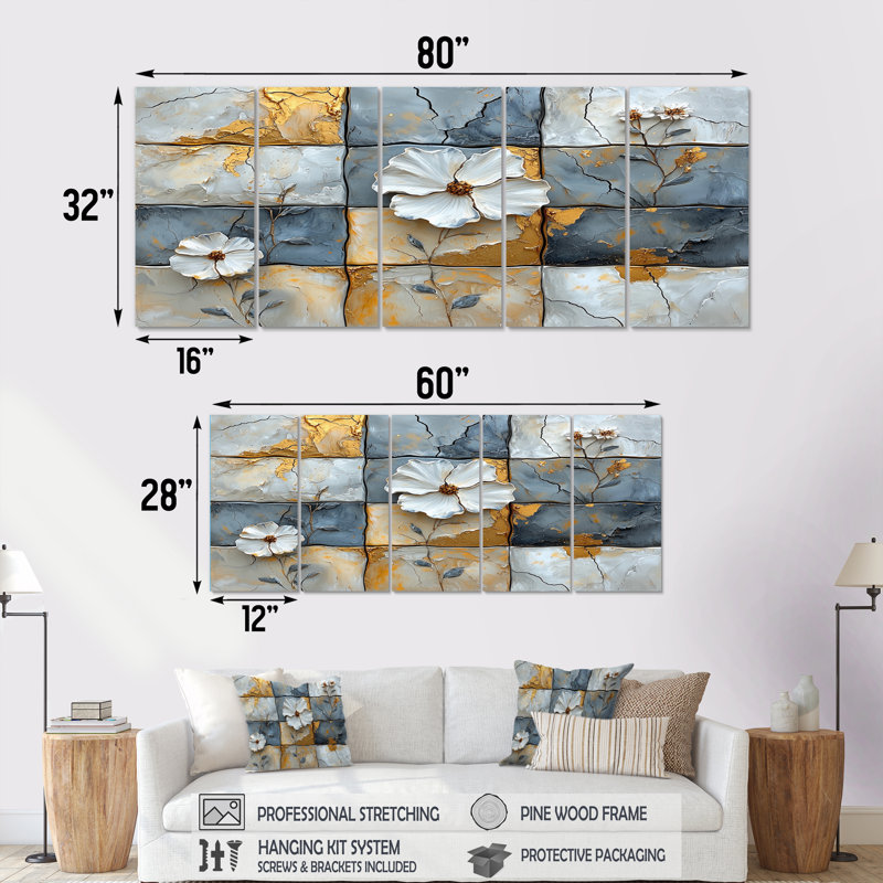 Carreaux bohème gris et blanc à motif floral - Ensemble de décorations murales Boho, H 32 po x l 80 po