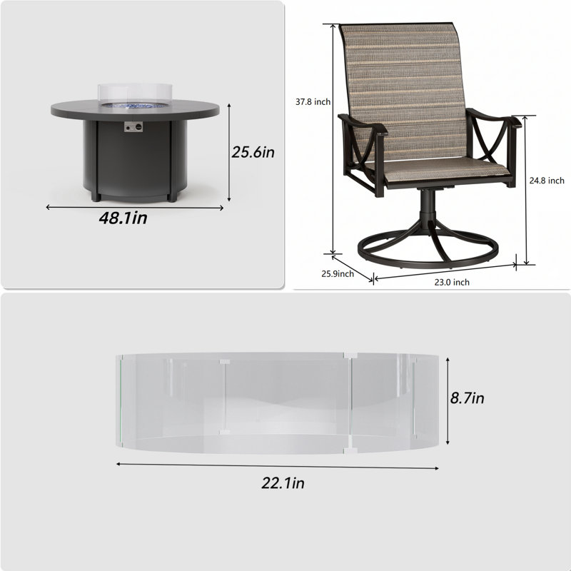 Ensemble de conversation pour patio 6 personnes, table ronde avec foyer en verre et 4 chaises berçantes pivotantes et berçantes Teslin
