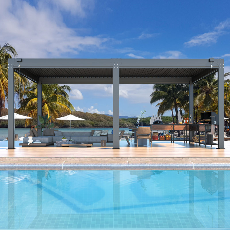 Pergola à persiennes 16 x 12 pi avec écrans rétractables, pavillon de jardin extérieur en aluminium avec toit imperméable réglable pour patio, terrasse et spa, gris foncé