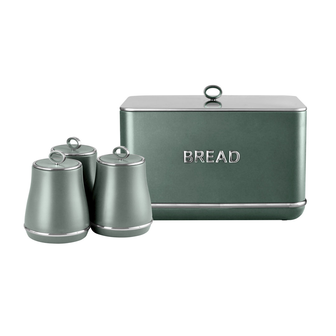 Tower Renaissance Bread Bin, 16L Capacity, Simple Pull Lid and Set of 3 Storage Canisters for Coffee/Sugar/Tea, 1.5L