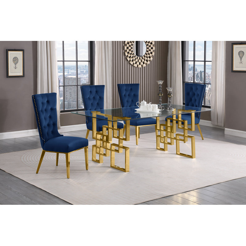 Chaplin Glass Top Double Pedestal Dining Set, 5, Navy Blue/Gold