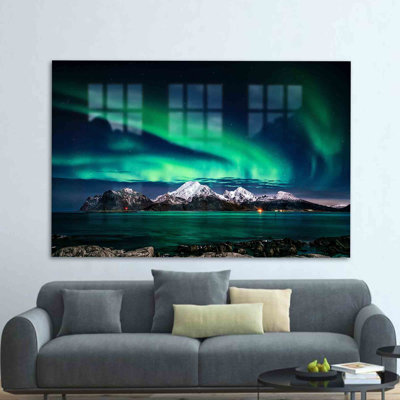 Northern Lights Aurora Sky Landscape Printed on Tempered Glass for Unique Mural Wall Art Decoration for Your Living Room Bedroom or Office