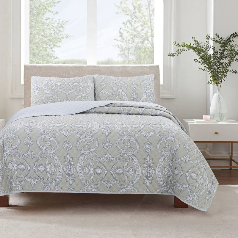 Gray and White Reversible Microfiber Queen Quilt Set