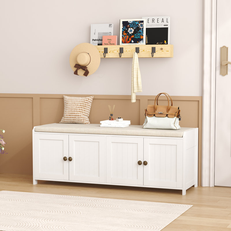 Banc de rangement pour chaussures avec coussin, banc d'entrée pour armoire à chaussures avec 4 portes, Blanc