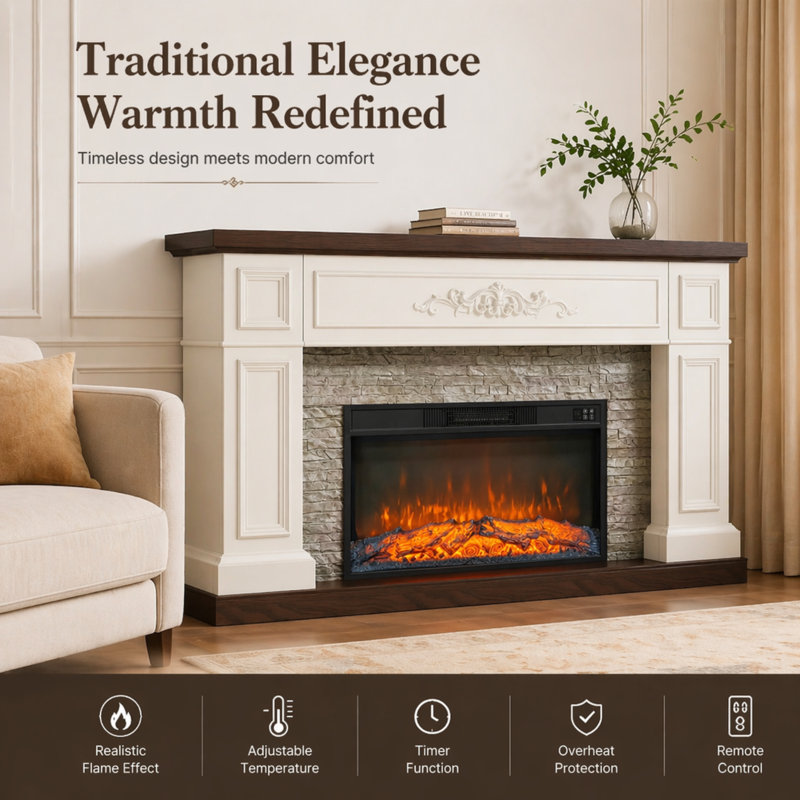 60” Rustic Solid Wood Electric Fireplace Mantel with 30” Firebox Insert & Stacked Stone Accents, Antique White