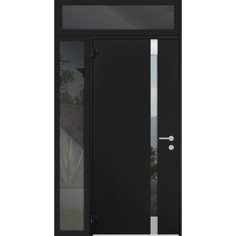 Porte d'entrée extérieure prémontée en acier Cynex 6777, noire, avec fenêtres latérales et supérieures, inserts en acier inoxydable, style moderne, peinte, dimensions : L 91,4 cm + 40,6 cm x H 203,2 cm + 40,6 cm, ouverture à droite vers l'intérieur.