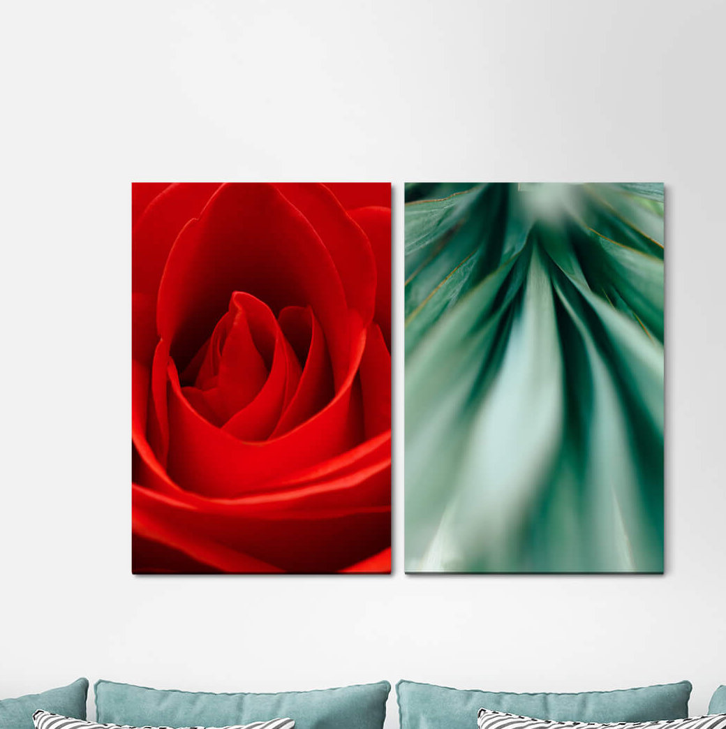 2-tlg. Leinwandbilder-Set - Grafikdruck „Rose Blossom Red Green Love”