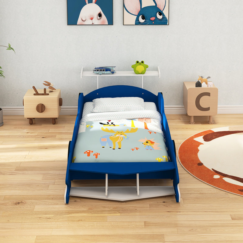 Lit plateforme simple avec roulettes, Bleu, Lit simple