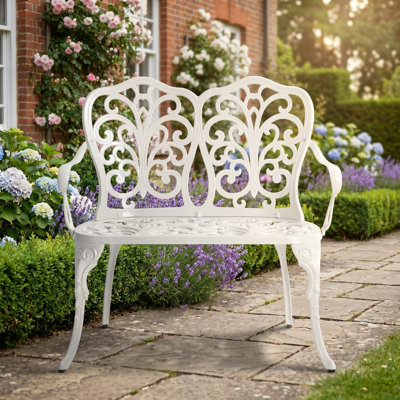 Banc de jardin, banc de parc extérieur en fonte d'aluminium avec motif floral rose, meubles de patio en métal pour la cour et la pelouse