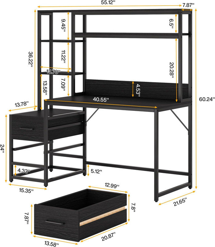 Bureau noir avec huche et tiroir - Bureau d'ordinateur avec tablettes ouvertes, grande table d'écriture pour bureau personnel