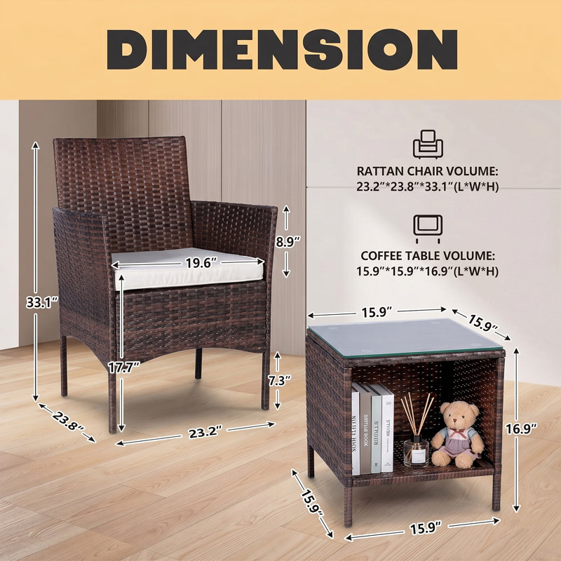 Ensemble de conversation pour 2 personnes en osier de patio avec table d'appoint, Beige