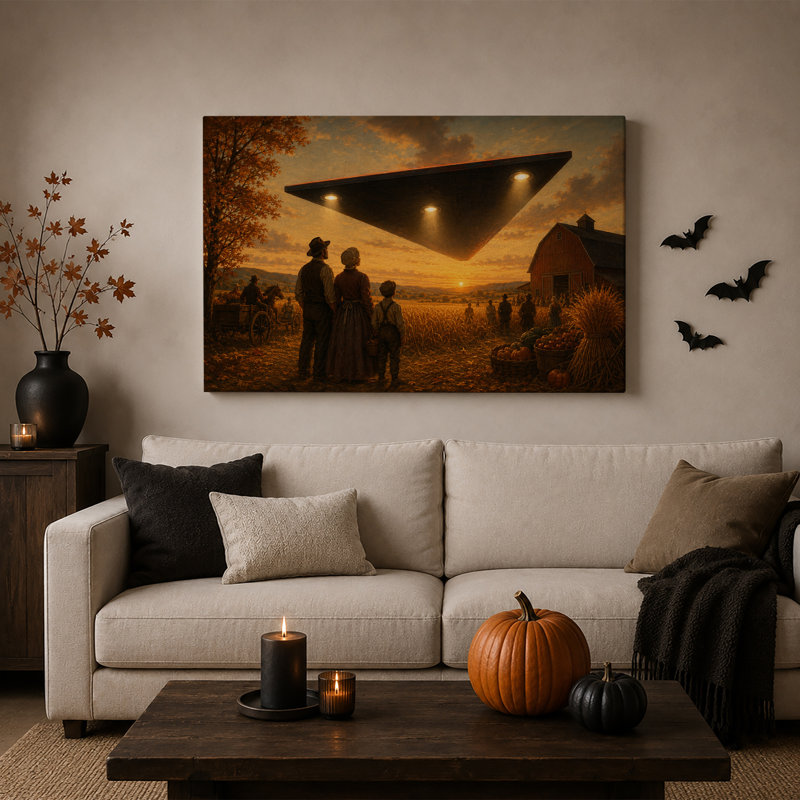 Les agriculteurs observent un OVNI triangulaire au-dessus d'une grange à l'occasion de l'Halloween (tableau sur toile)