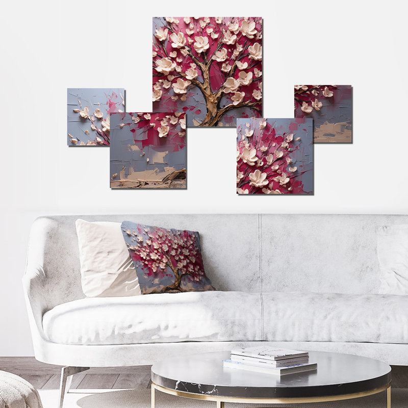 Orchidée rose et or jardin de branches V - ensemble d'art mural carré arbre 5