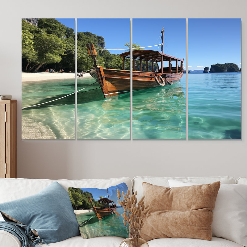 Bateau à Krabis White Sands Paradise II - plage côtière, art mural 4 pièces pour le salon, H 32 po x l 64 po