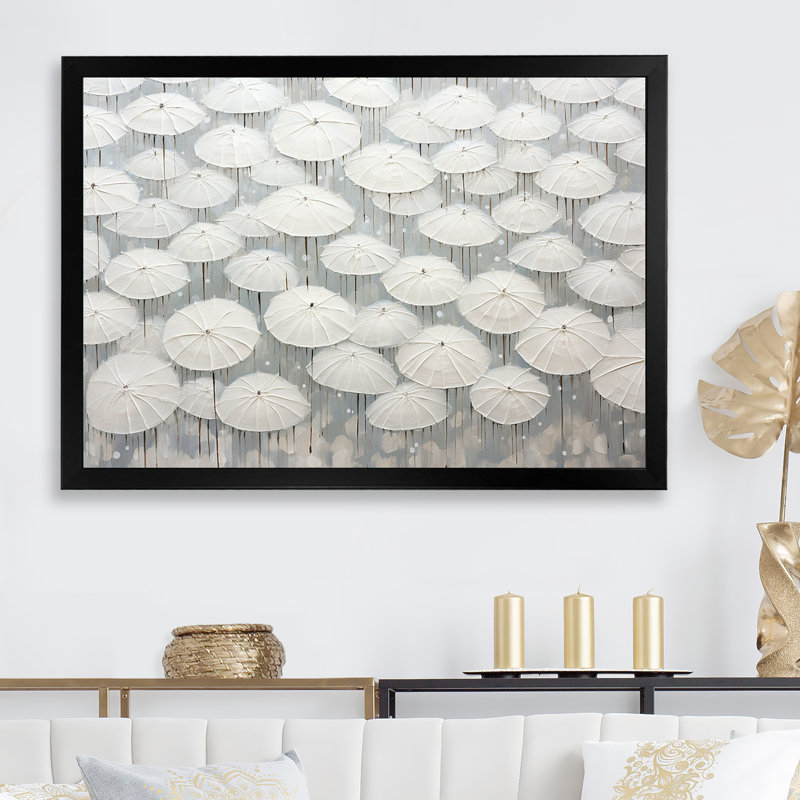 Ciel plein de parapluies blancs sur toile, H 24 po x l 32 po x P 1 po, Cadre simple noir