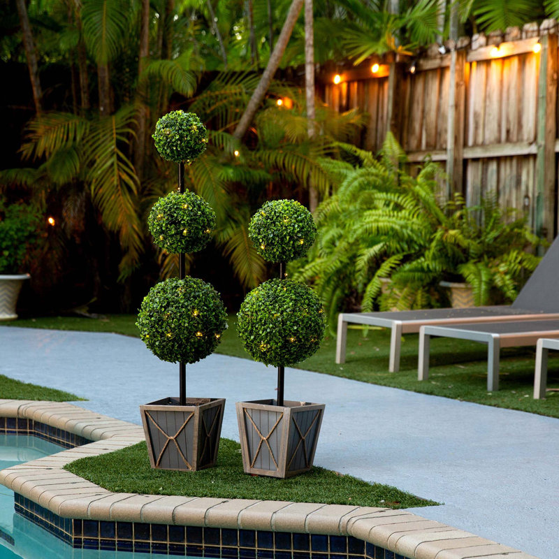 36'' Faux Boxwood Topiary in Wood Planter