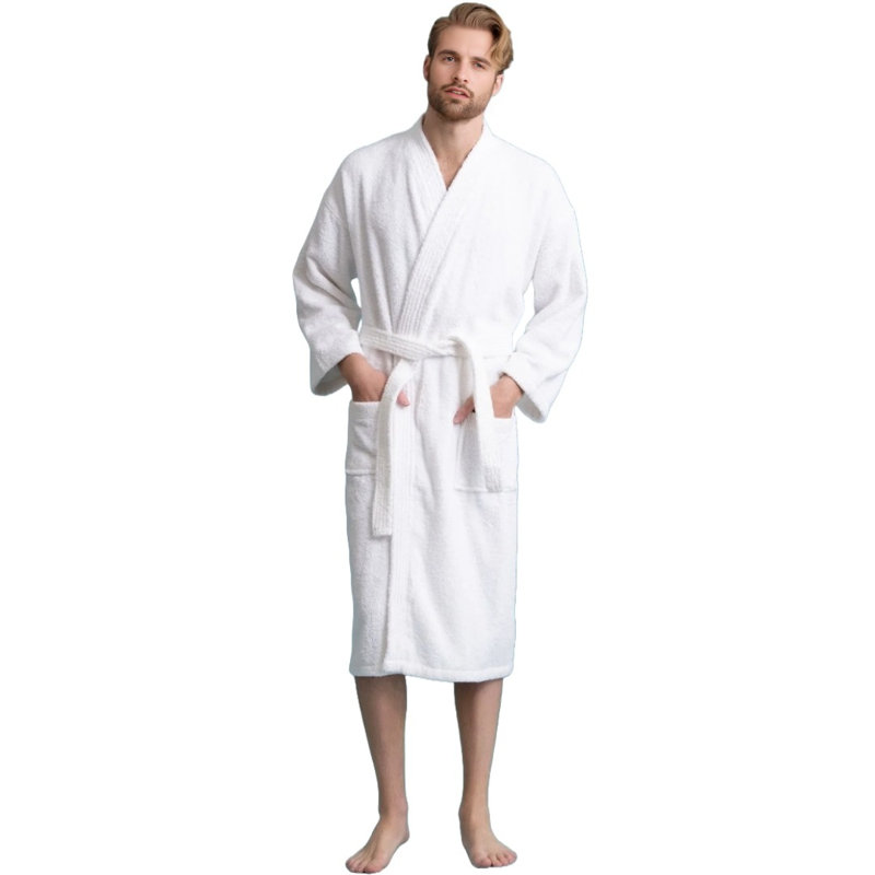 Peignoir mi-mollet 100% coton avec poches Ladijah, Blanc