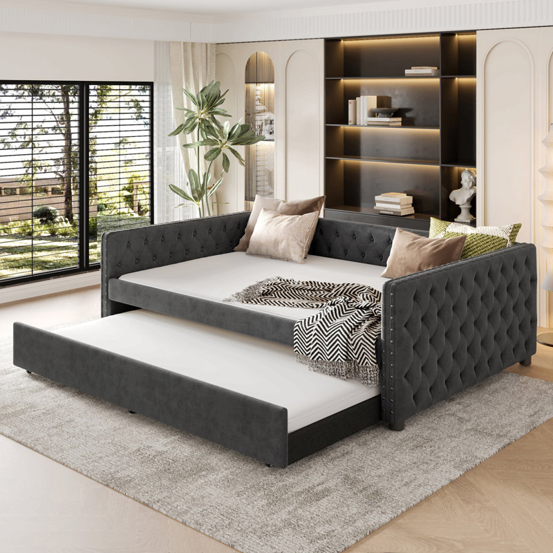 Lit de jour double, canapé-lit capitonné capitonné avec couchette, lit de jour avec bouton et clou en cuivre sur accoudoirs carrés, lit de jour double avec couchette simple