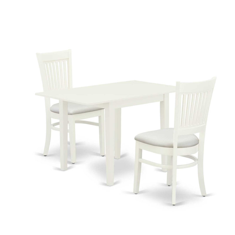 L'ensemble 3 pièces de table et chaises de cuisine contient une table de salle à manger rectangulaire avec Dropleaf et 2 chaises rembourrées en tissu de lin, blanc lin