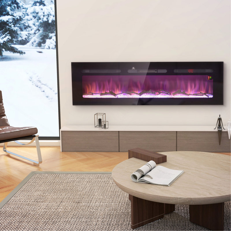 Foyer électrique 60 "encastré et mural 60" avec télécommande, foyer 1500W avec minuterie 8H, couleur et luminosité de flamme réglables, bûche et cristal