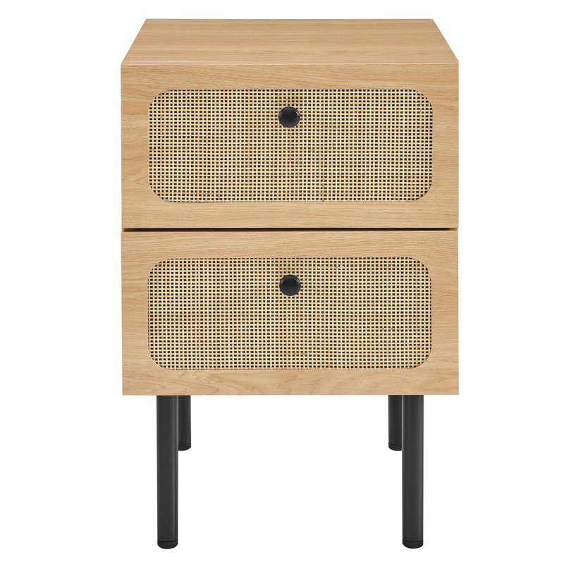 Oak and Rattan 2-Drawer Nightstand with Black Legs
