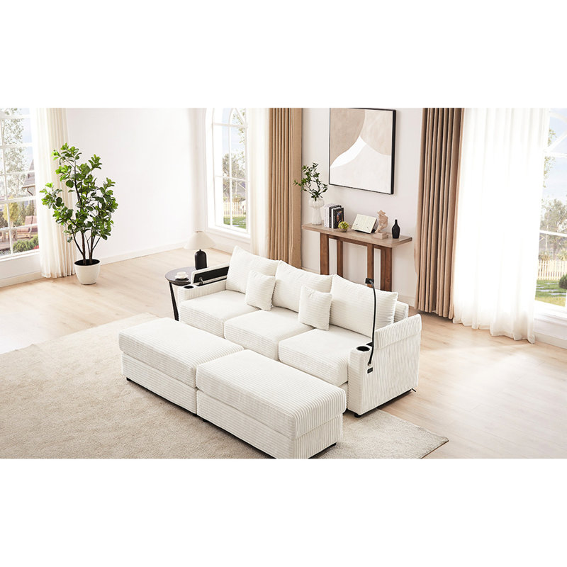 3 canapés modulaires avec compartiments de rangement, 2 repose-pieds mobiles, supports pour porte-gobelets, support pour téléphone, ports beiges, porte-gobelets, compartiments cachés
