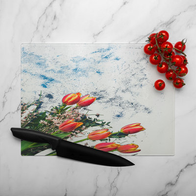 Flowers On Marble Glass Chopping Board