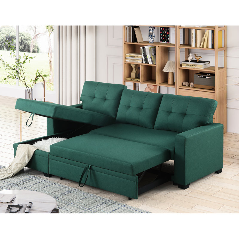 Convertible 3 - Seat Sectional In Linen, Pull Out Chaise With Storage, Twin Size Sleeper, Removable Back Cushions, Foam Filler, 82 Width, 53 Depth, 34.5 Height, 151 Lb Linen And