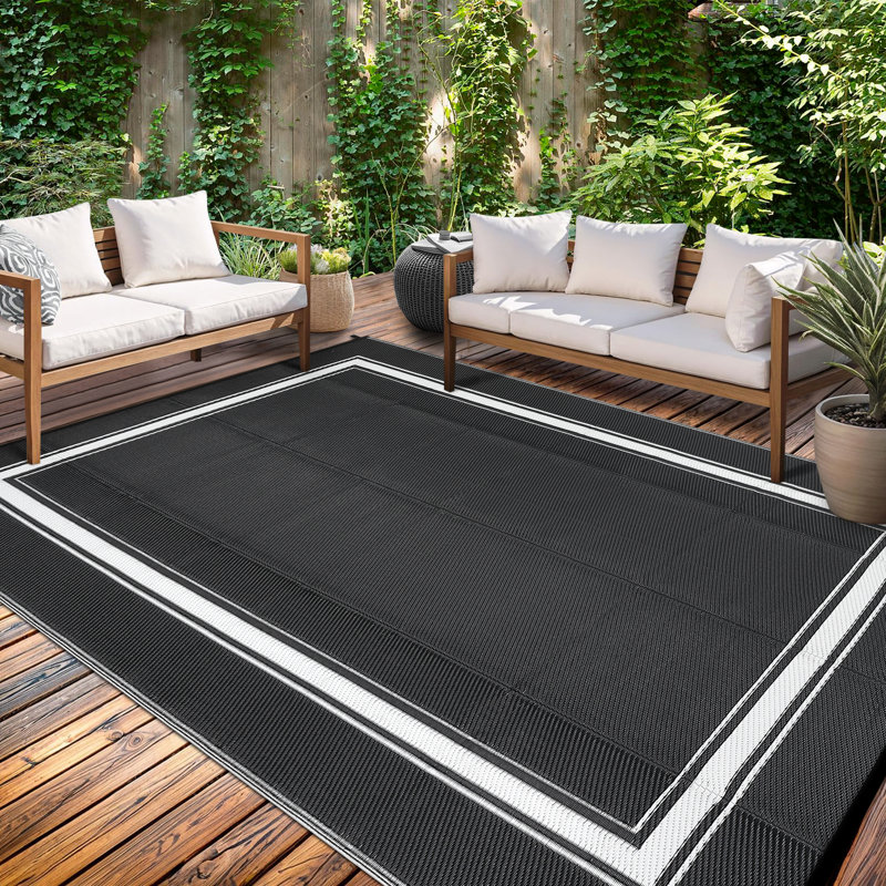 Outdoor Furniture Reversible Outdoor Area Rug Waterproof Plastic Patio Carpet UV & Weather Resistant Easy to Clean Modern Deck Ma
