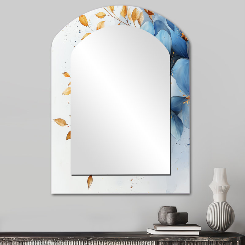 Bleu doré Plumeria Radiance - miroir mural asymétrique Plumeria, miroir décoratif arqué bleu, impression d'art en métal