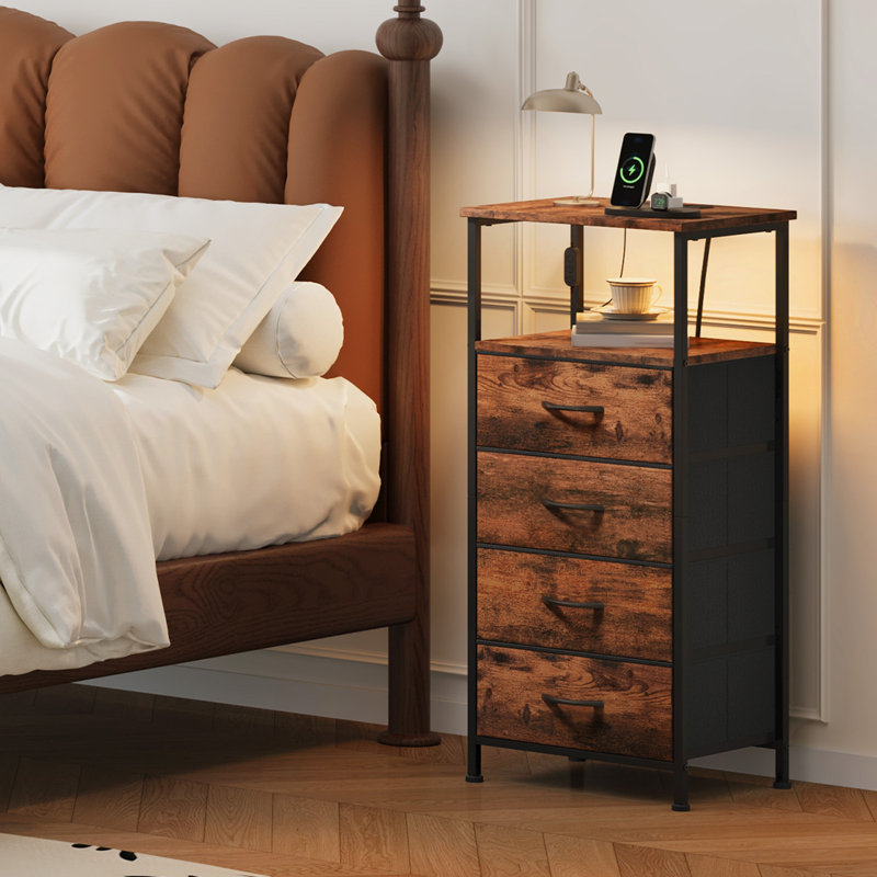 Commode pour chambre à coucher, table de chevet 4 tiroirs avec station de charge, DEL et tablette ouverte, imprimé grain de bois
