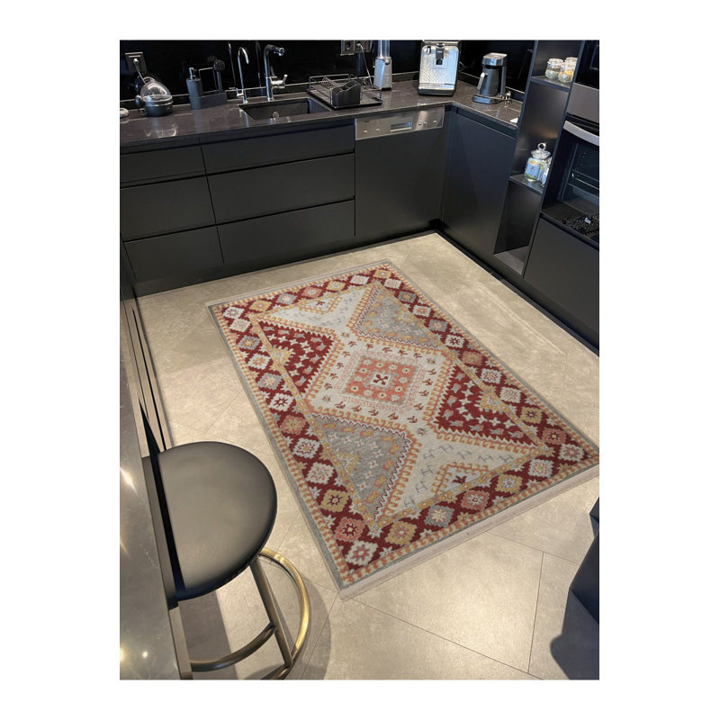 Tapis décoratif rétro bourgogne traditionnel lavable à la machine, Rectangle 3 pi 3 po x 4 pi 11 po