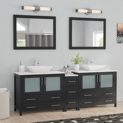  Wooden 84" Freestanding Double Sink Bathroom Vanity with Engineered Marble Top and Matching Mirrors
