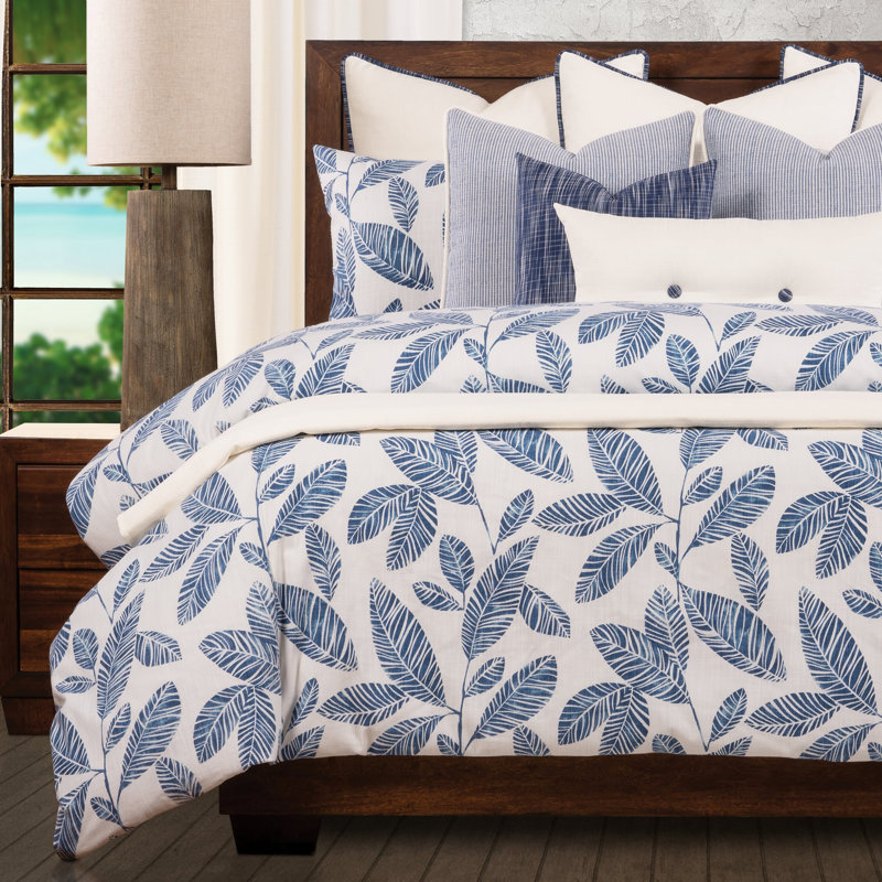 Blue Lagoon Tropical Cotton Baffle Box Stitch Floral Duvet Cover & Insert, California King Duvet + 2 Shams + 2 Throw Pillows